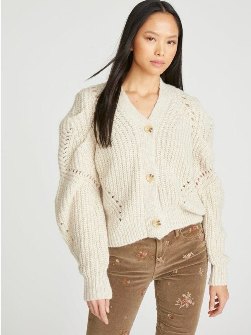 DRIFTWOOD oatmeal/Cream Chunky V-Neck Button Cardigan Sweater small